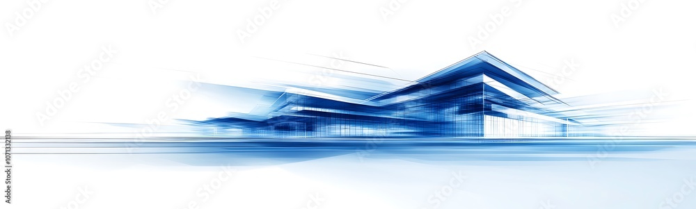 Poster a sleek, abstract representation of a modern building in blue tones, emphasizing artistic design and