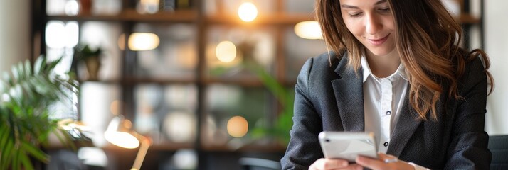 Smiling businesswoman using smartphone in modern office, concept of communication and connectivity