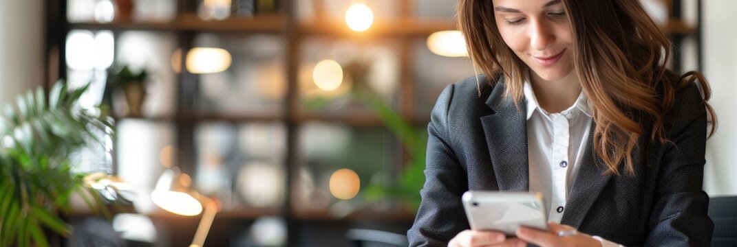 Smiling businesswoman using smartphone in modern office, concept of communication and connectivity