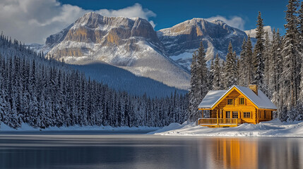 Winter Cabin Nestled in Snowy Landscape with Frozen Lake