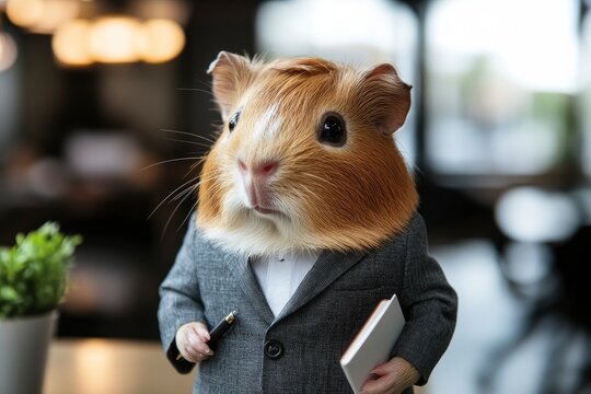 A guinea pig dressed in a suit and holding a pen and notebook.