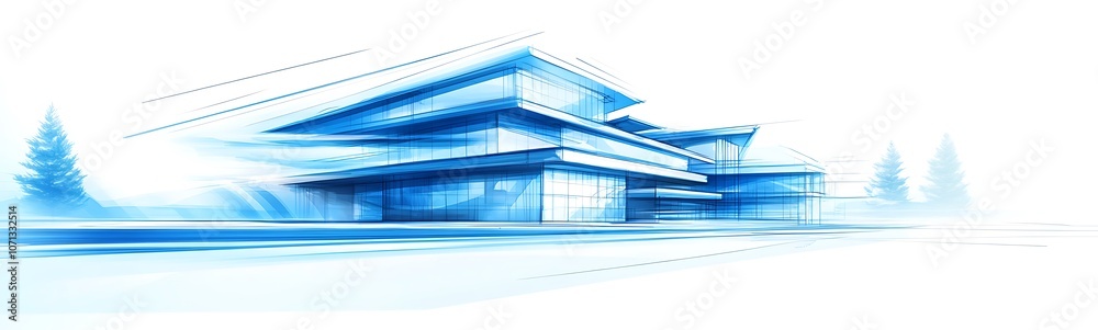 Poster a modern architectural design featuring sleek lines and a blue color palette, set against a minimali