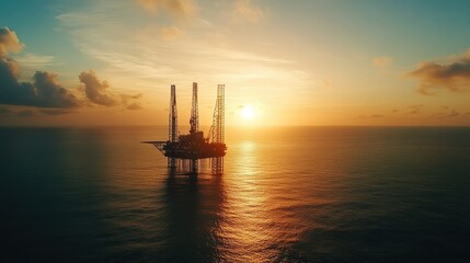 Fototapeta premium Sunset Over Oil Rig in Ocean Horizon