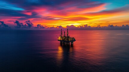 Obraz premium Vibrant Sunset Over Offshore Oil Rig in Ocean