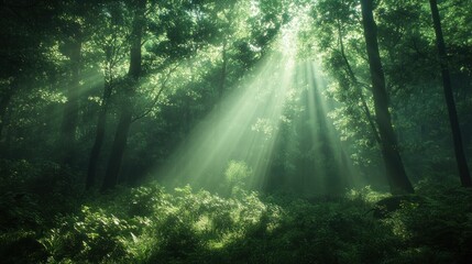 Fototapeta premium Sunlight filtering through dense green forest. Nature