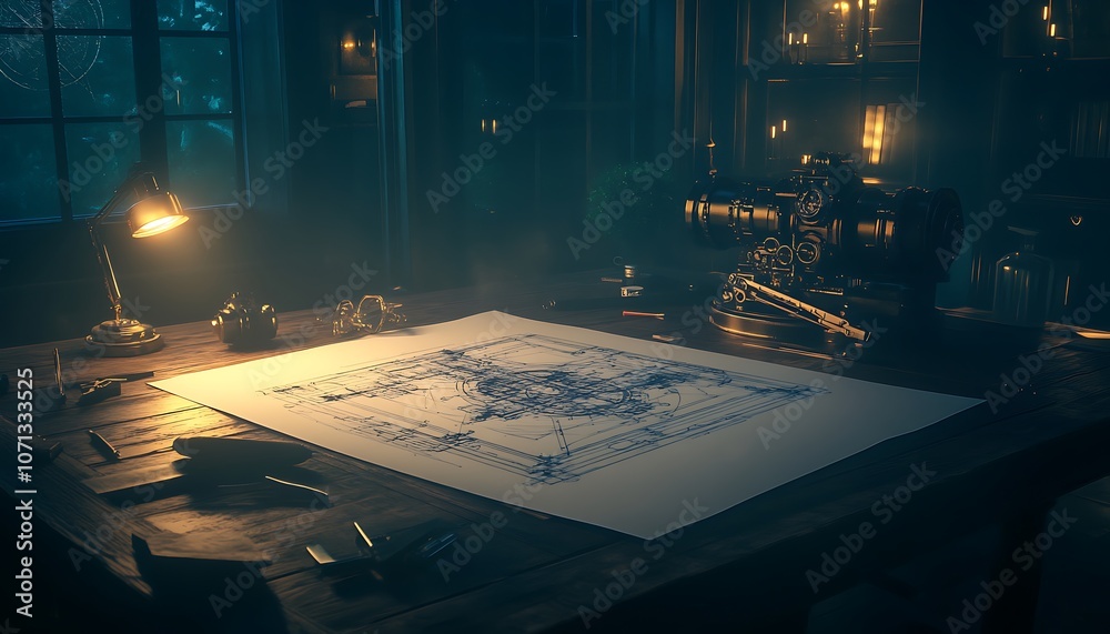 Poster A mysterious, dimly lit table displays a paper covered in intricate dots, surrounded by shadows and warm glows from scattered candles.