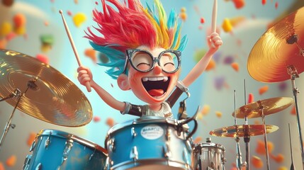 A cartoon drummer with colorful hair plays the drums with excitement.