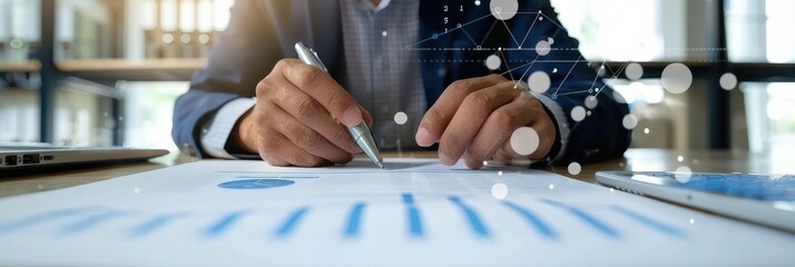 Businessman Analyzing Financial Data with Pen and Digital Graphics Overlay in Modern Office