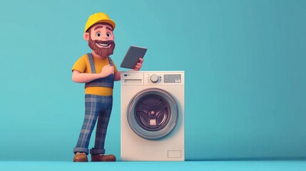 A happy cartoon repairman in a yellow hardhat and blue overalls stands next to a washing machine and holds a tablet computer in his hands.