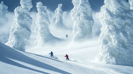 Fototapeta premium Snowy Landscape with Skiers and Unique Ice Formations