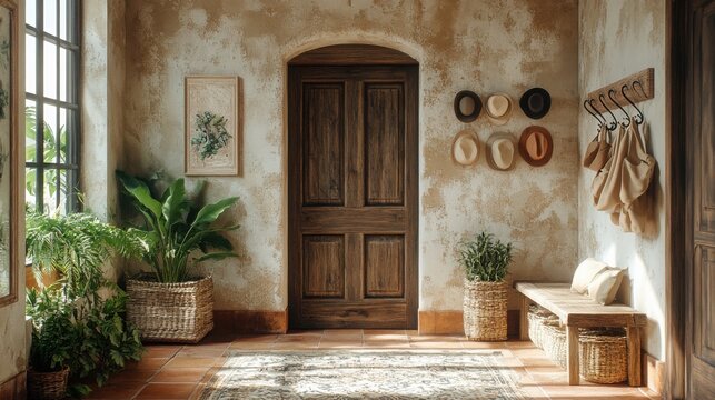 Stylish and Functional Boho Entryway Design Featuring Woven Storage Baskets and a Wooden Bench for Organizational Ease