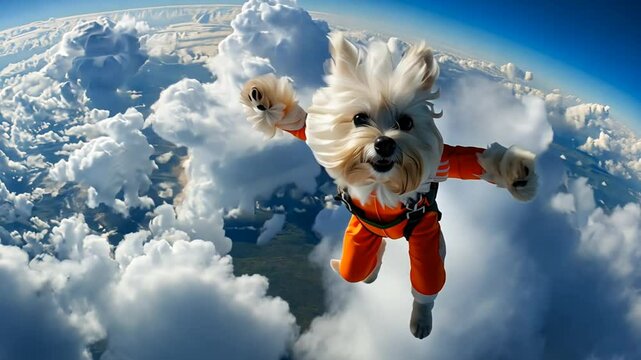A small white dog wearing an orange jumpsuit skydives from a plane with the clouds below.