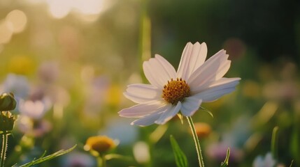 A single white cosmos flower blooms in a field of wildflowers, bathed in warm sunset light.