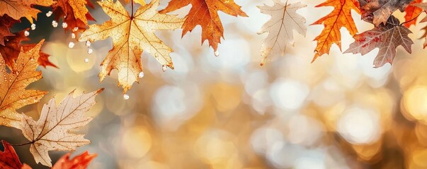 Fototapeta premium Golden autumn leaves against a soft, blurred background, creating a warm and inviting fall atmosphere.