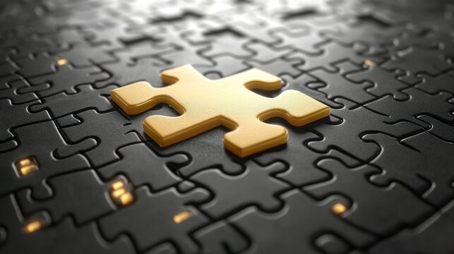 Golden puzzle piece on black background.
