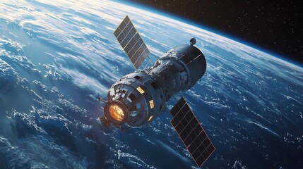 Obraz premium Spacecraft orbiting Earth with solar panels.