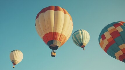 Obraz premium Four colorful hot air balloons rise against a clear blue sky.