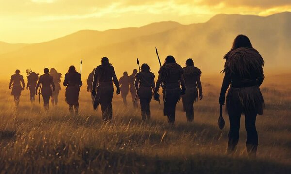 Silhouettes of prehistoric hunters at sunset