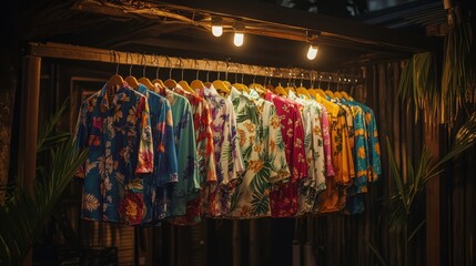 Fototapeta premium A variety of colorful Hawaiian shirts hang on wooden hangers under warm light bulbs at a night market.
