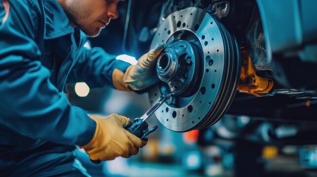 A mechanic working on a car's brakes in a garage, close-up.