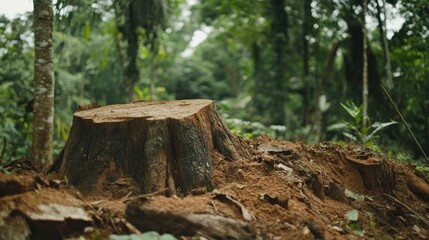 A tree stump sits in the middle of a lush green forest, highlighting the impact of deforestation.