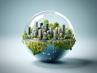 A glass sphere containing an urban cityscape with greenery, symbolizing the concept of sustainability and environmental care. 