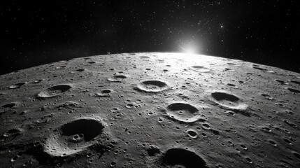 Sun rising over cratered moon surface.