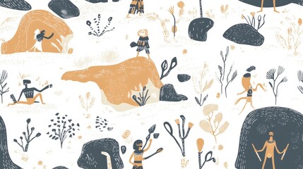 Abstract seamless pattern with primitive people, plants and rocks.