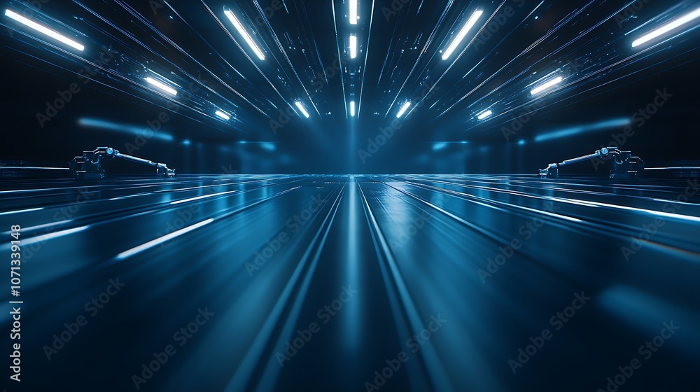 Aufkleber A dynamic futuristic scene featuring bright blue lights and motion, simulating speed and depth in a digital environment.