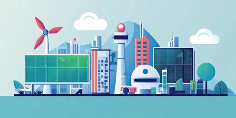 A colorful, modern cityscape featuring eco-friendly buildings, a wind turbine, and green spaces under a clear sky.