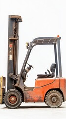 Forklift Side View: A robust orange forklift stands tall with its forks extended, ready to lift and transport heavy loads.
