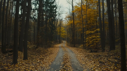 Fototapeta premium A winding dirt road cuts through a dense forest, the trees are a mix of green and gold, and the ground is covered in fallen leaves.