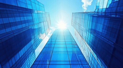 Low angle view of modern glass skyscrapers reaching for the sun.