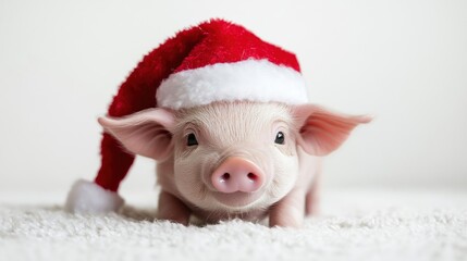 A cute little piglet wearing a Santa hat, looking at the camera with a happy expression. (1)