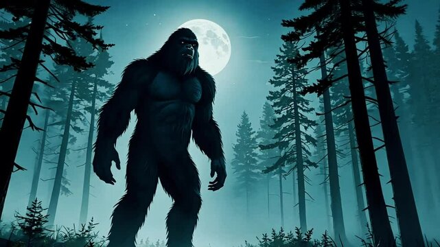 A mysterious silhouette of Bigfoot standing in a dark forest, illuminated by the moon.