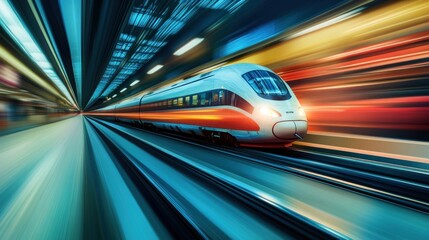 A high-speed train rushes through a city at night, leaving a trail of light streaks.