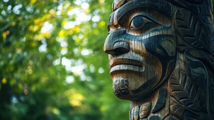 Close-up of a carved wooden totem pole with a human face, set against a blurry background of green foliage.
