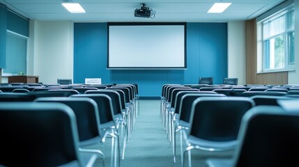 An empty lecture hall with rows of black chairs facing a projector screen.