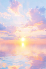 Fototapeta premium serene sunset over calm waters, with pastel clouds reflecting beautifully. tranquil scene evokes sense of peace and wonder