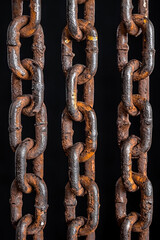 Fototapeta premium Rusty chains hanging against black background create striking visual. texture and color of chains evoke sense of industrial strength and age