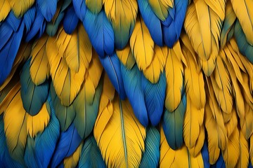 Obraz premium Close-up of Blue and Yellow Macaw feathers, vibrant colors, exotic texture, nature beauty