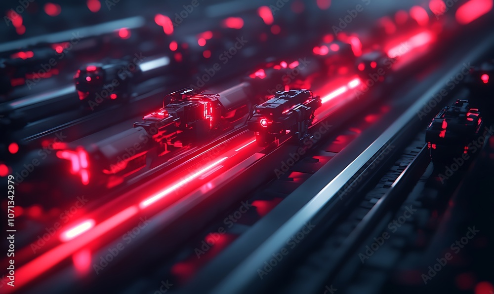 Poster a striking scene featuring glowing red lights and intricate patterns, evoking a futuristic, cyberpun