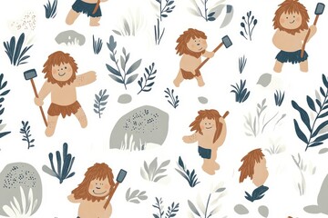 Fototapeta premium Seamless pattern with cute cavemen holding tools and surrounded by leaves.
