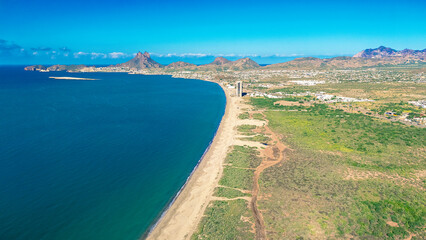 Aerial view of San Carlos Sonora, Mexico from Dolphin Bay. Its iconic Tetakawi mountain looks imposing at the center of this northern Mexican tourist destination.