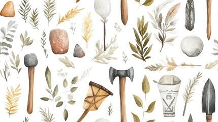 Watercolor seamless pattern with hand-drawn primitive tools, leaves and stones.