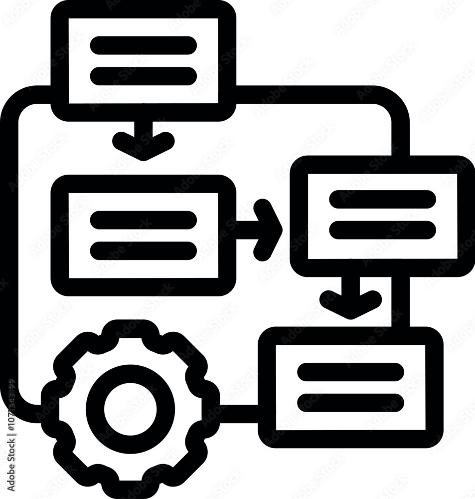 Poster automated system managing data flow, optimizing process with interconnected modules and settings, en