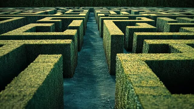 A complex hedge maze with a narrow pathway leading through the center