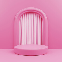 3d rendering of pink color podium with curtain background for product. Cute isolated podium with minimal style. Minimal pedestal scene for cosmetic products. Stand, podium, pedestal for goods