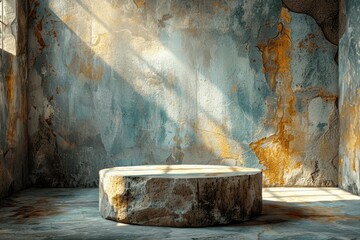 Stone Pedestal on Grunge Wall with Sunlight Shadows in Ancient Temple Interior for Product Display