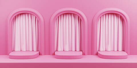 set of 3d rendering pink colored podium with curtain background for product. Cute isolated podium with minimal style. Minimal pedestal scene for cosmetic products. Stand, podium, pedestal for goods